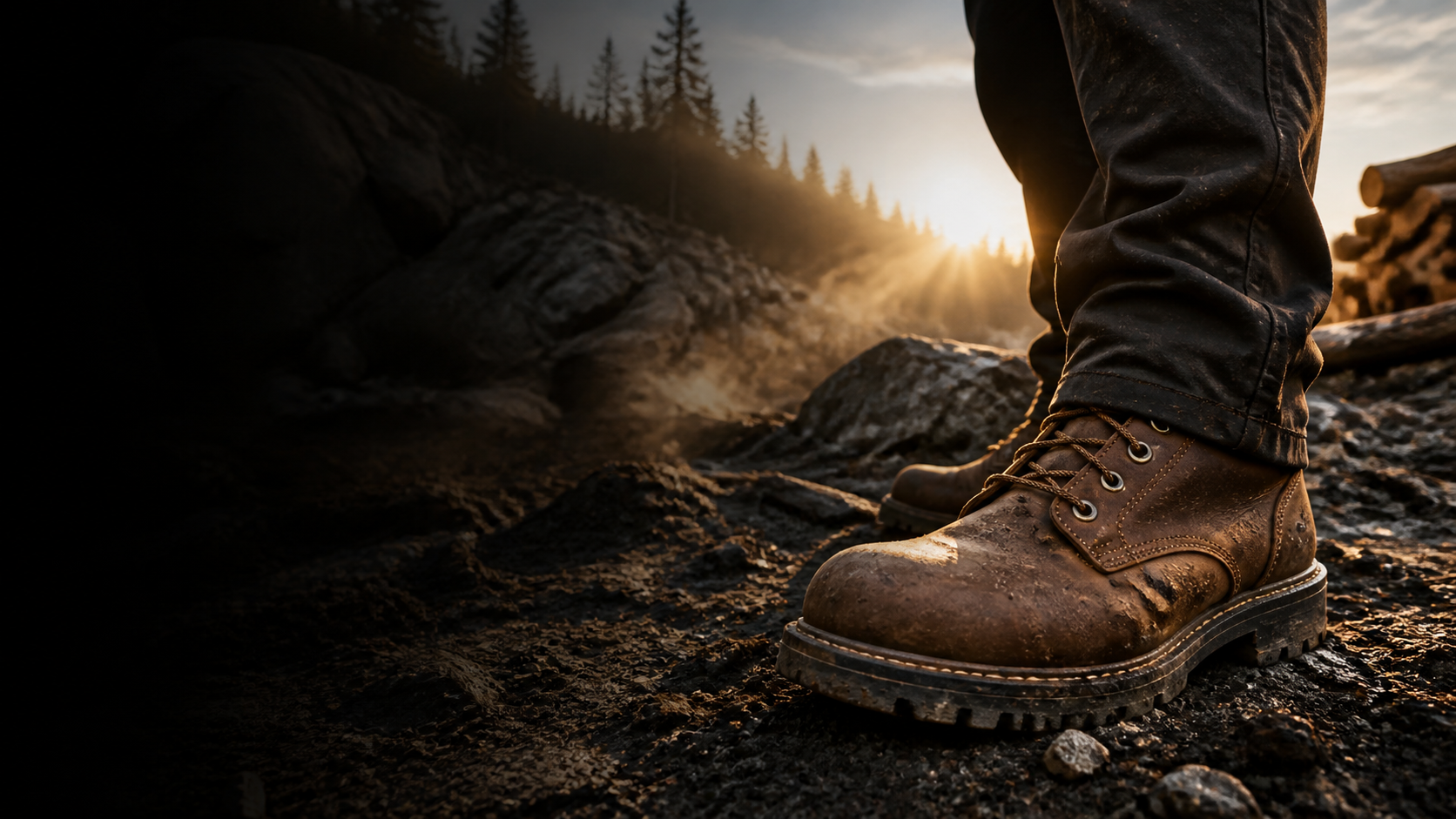 Premium rugged work boots in an outdoor work environment